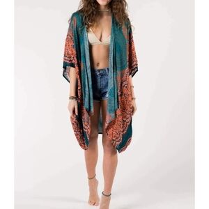 **LOTUS & LUNA** Vibrant Teal and Orange Women's Swim Kimono.